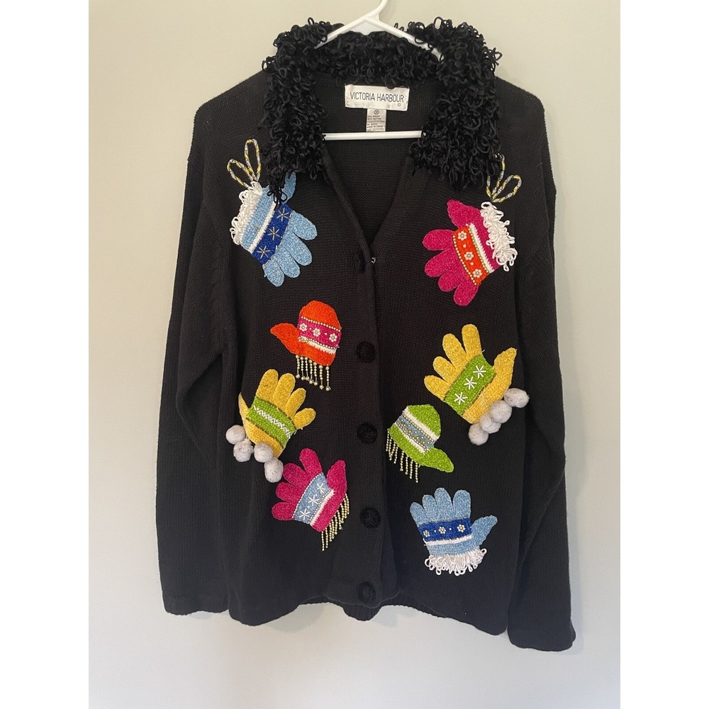 VTG Victoria Harbour Winter Mittens‎ Cardigan Sweater Black Size M Grannycore